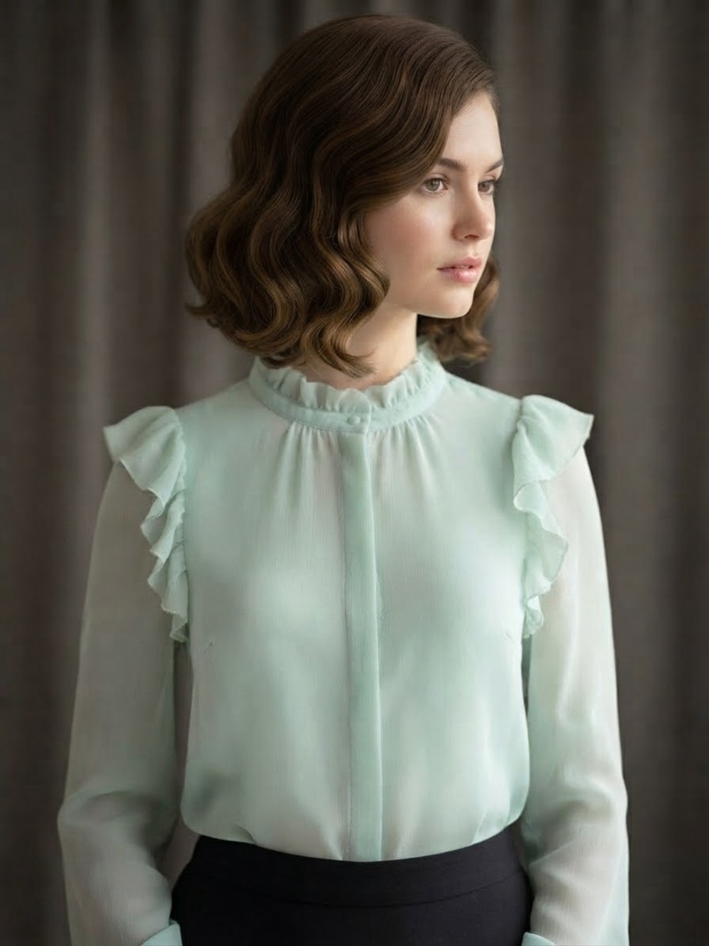Ann Taylor Mint Ruffle-Shoulder Chiffon Button Down Blouse